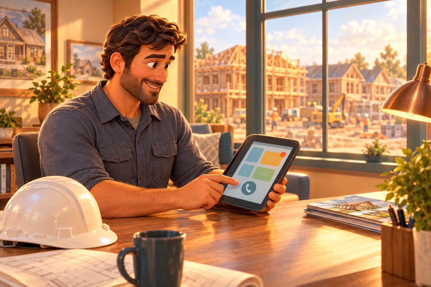 A construction manager reviewing an HTMS alert on a tablet before calling a homeowner