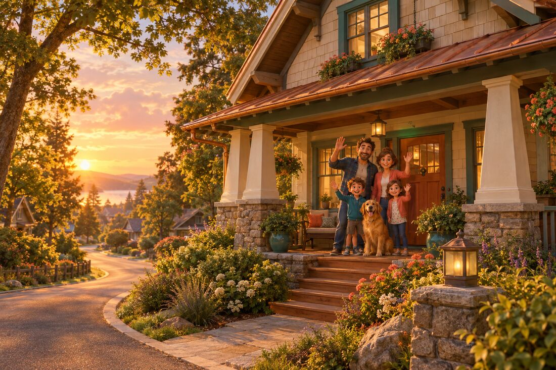 A family waving from the porch of their new home at the end of a tree-lined road