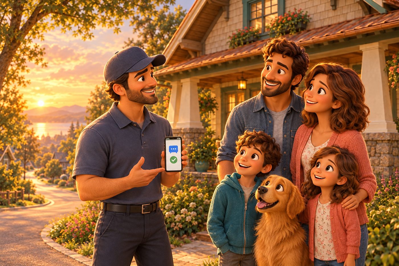 A builder customer care manager holding a phone in front of a family's new home